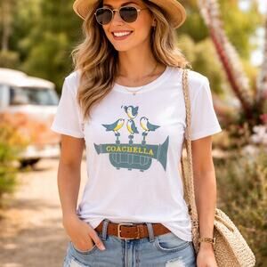 Coachella Graphic T-Shirt Birds Trumpet Music Festival Tee White Women’s Large